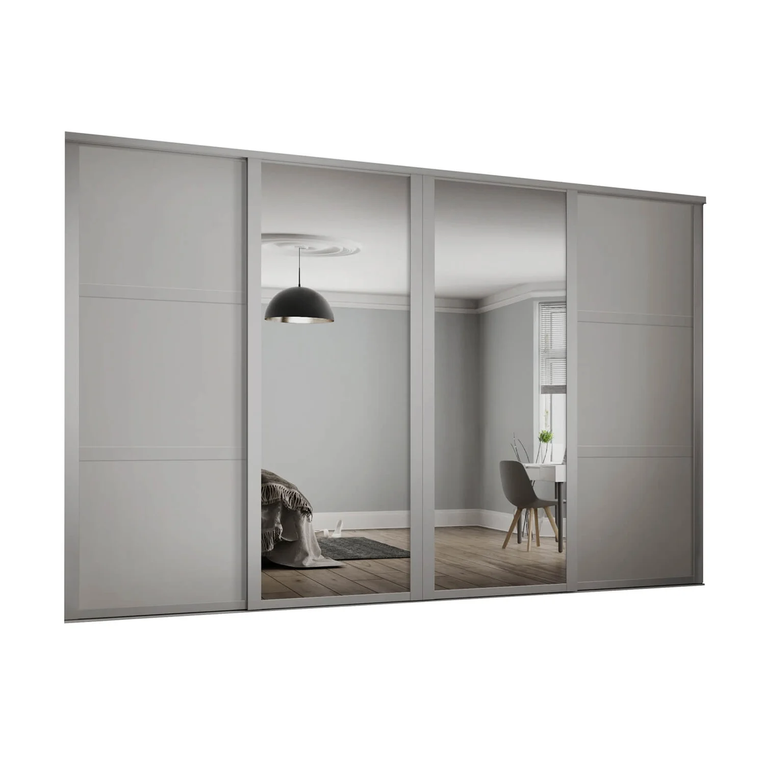Shaker 4 Door Sliding Wardrobe Kit Cashmere Panel / Mirror (W)3506 X (H)2260mm 3 Shaker 4 Door Sliding Wardrobe Kit Cashmere Panel / Mirror (W)3506 X (H)2260mm