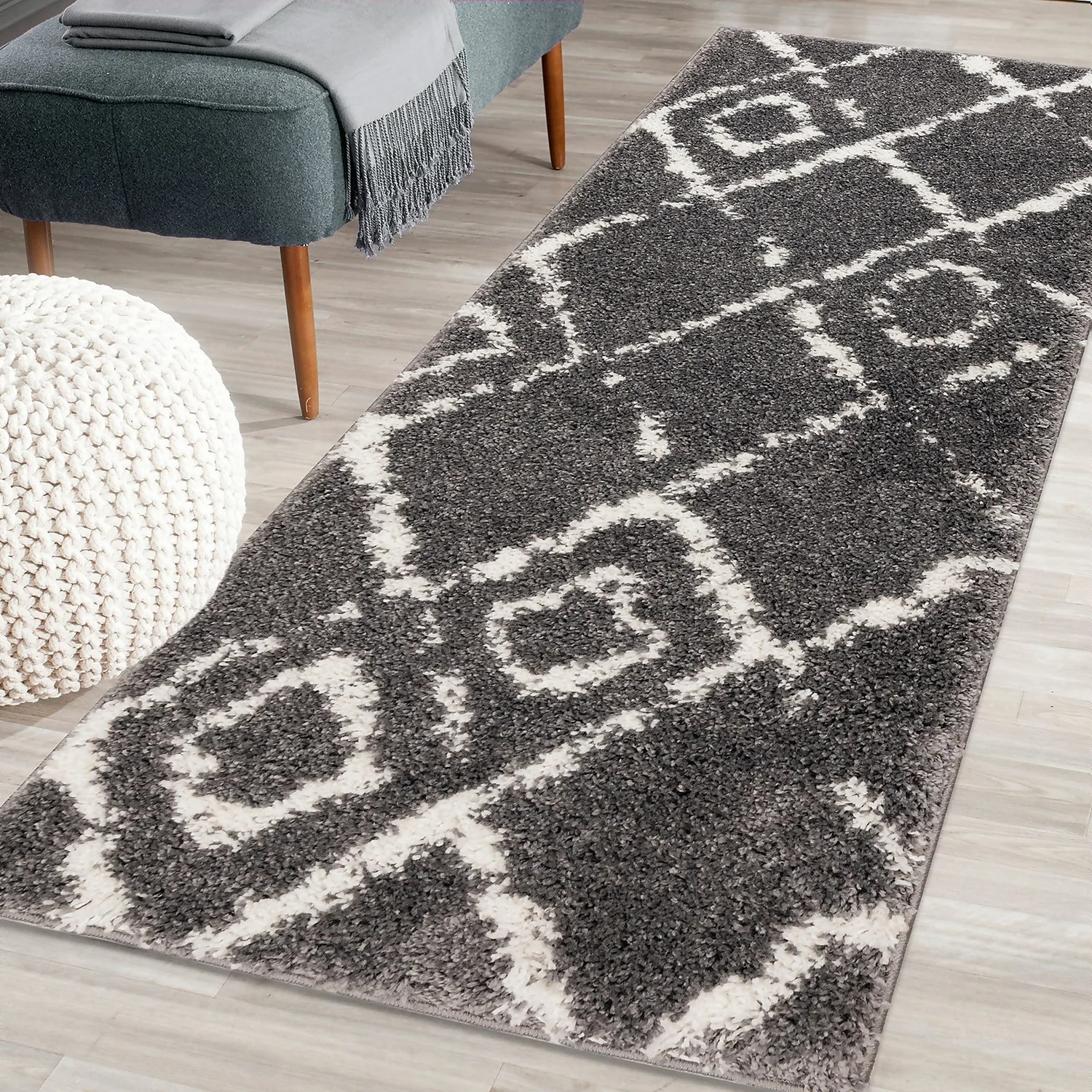 Deluxe Berber Shaggy Runner - Charcoal & White - 180x67cm 4 Deluxe Berber Shaggy Runner - Charcoal & White - 180x67cm - Image 2