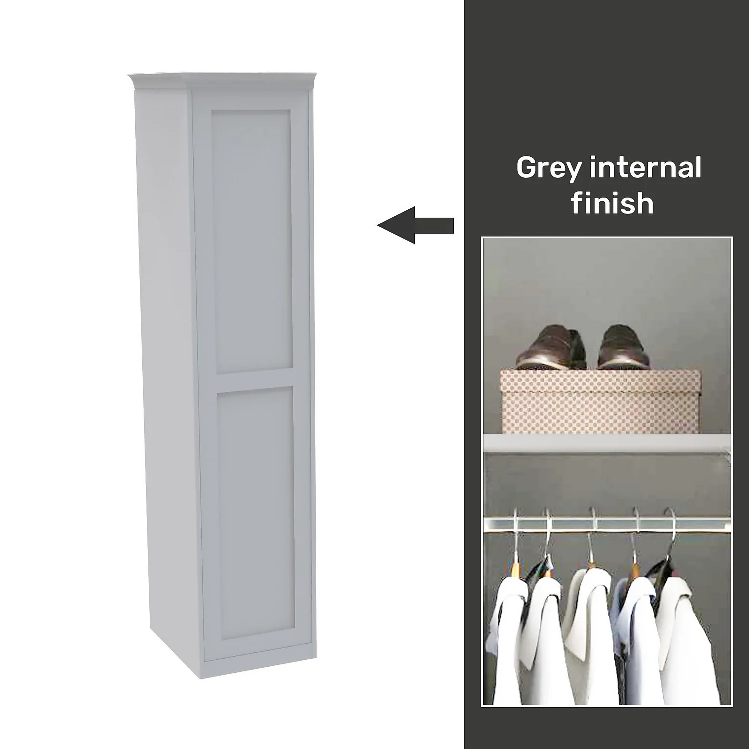 House Beautiful Realm Fitted Look Single Wardrobe, Grey Carcass - White Shaker Door (W) 551mm X (H) 2256mm 3 House Beautiful Realm Fitted Look Single Wardrobe, Grey Carcass - White Shaker Door (W) 551mm X (H) 2256mm