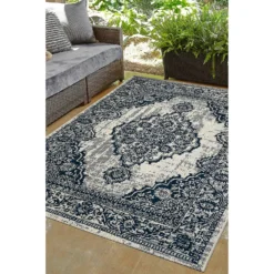 Indoor Outdoor Medallion Rug - Navy - 160x230cm -Home Furnishing Series Store 14758900 2105053509654006
